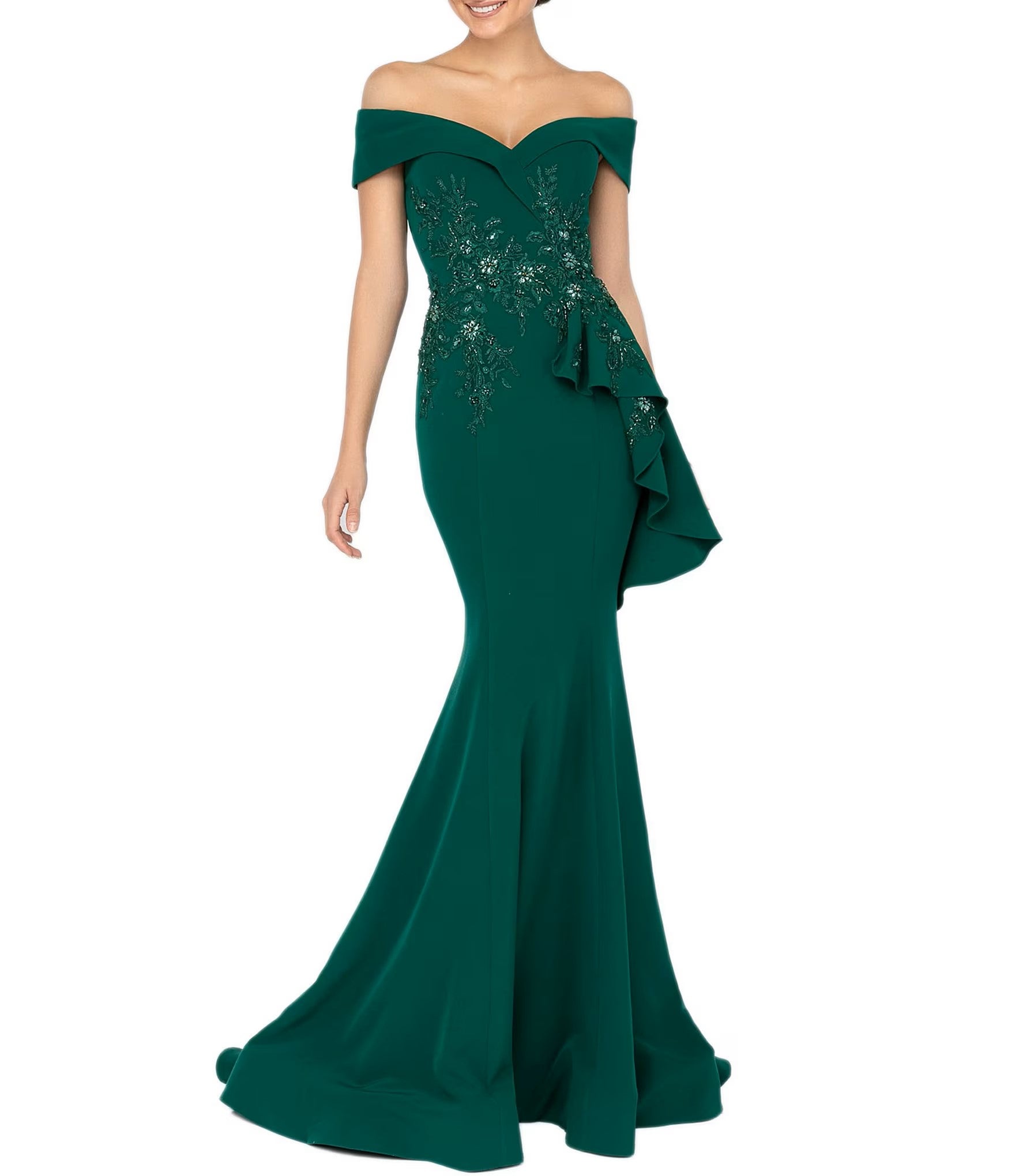 Terani Couture - Emerald Green Off Shoulder Side Drape Peplum Mermaid Gown